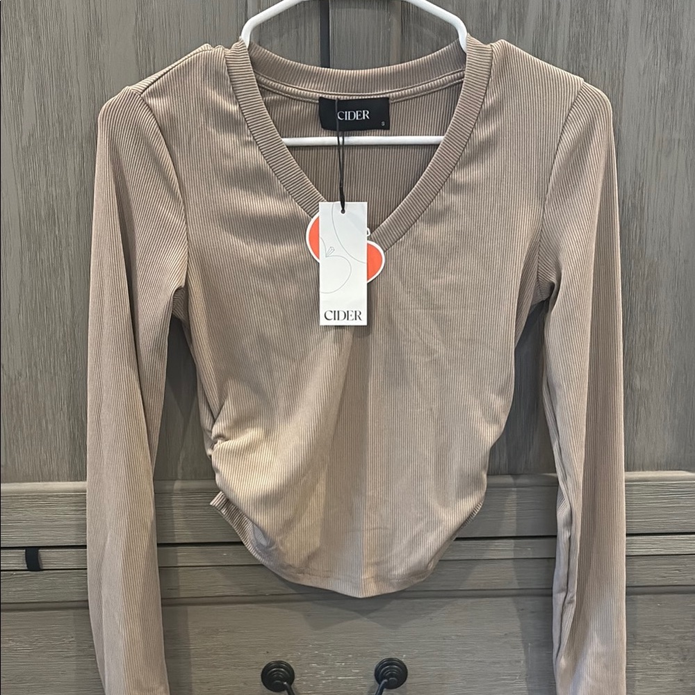 Cider Tan Ribbed V-Neck Women's Top